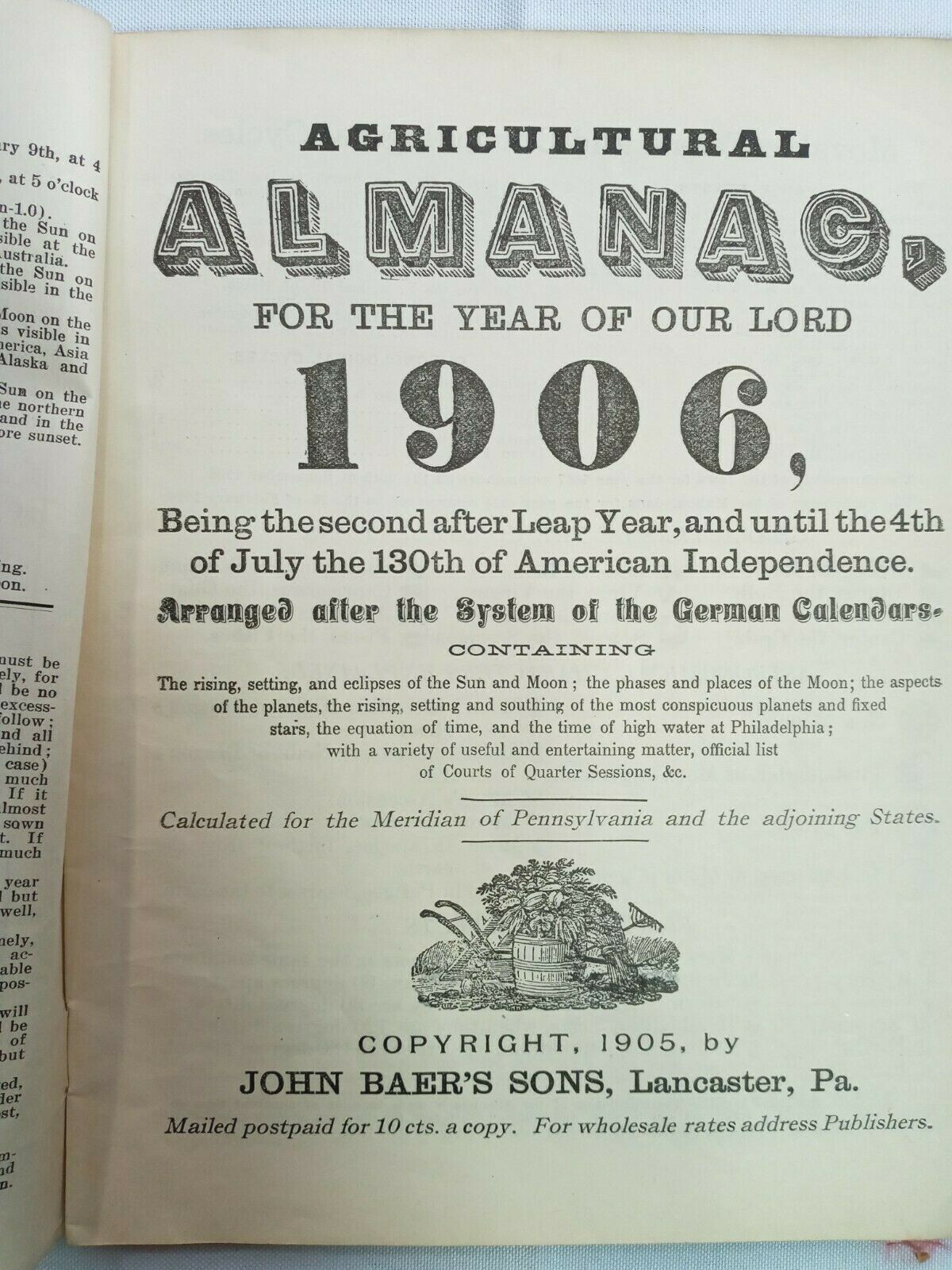 Vintage 1906 John Bear Baer&rsquo;s Agricultural Almanac Lancaster, PA Antique Farmers
