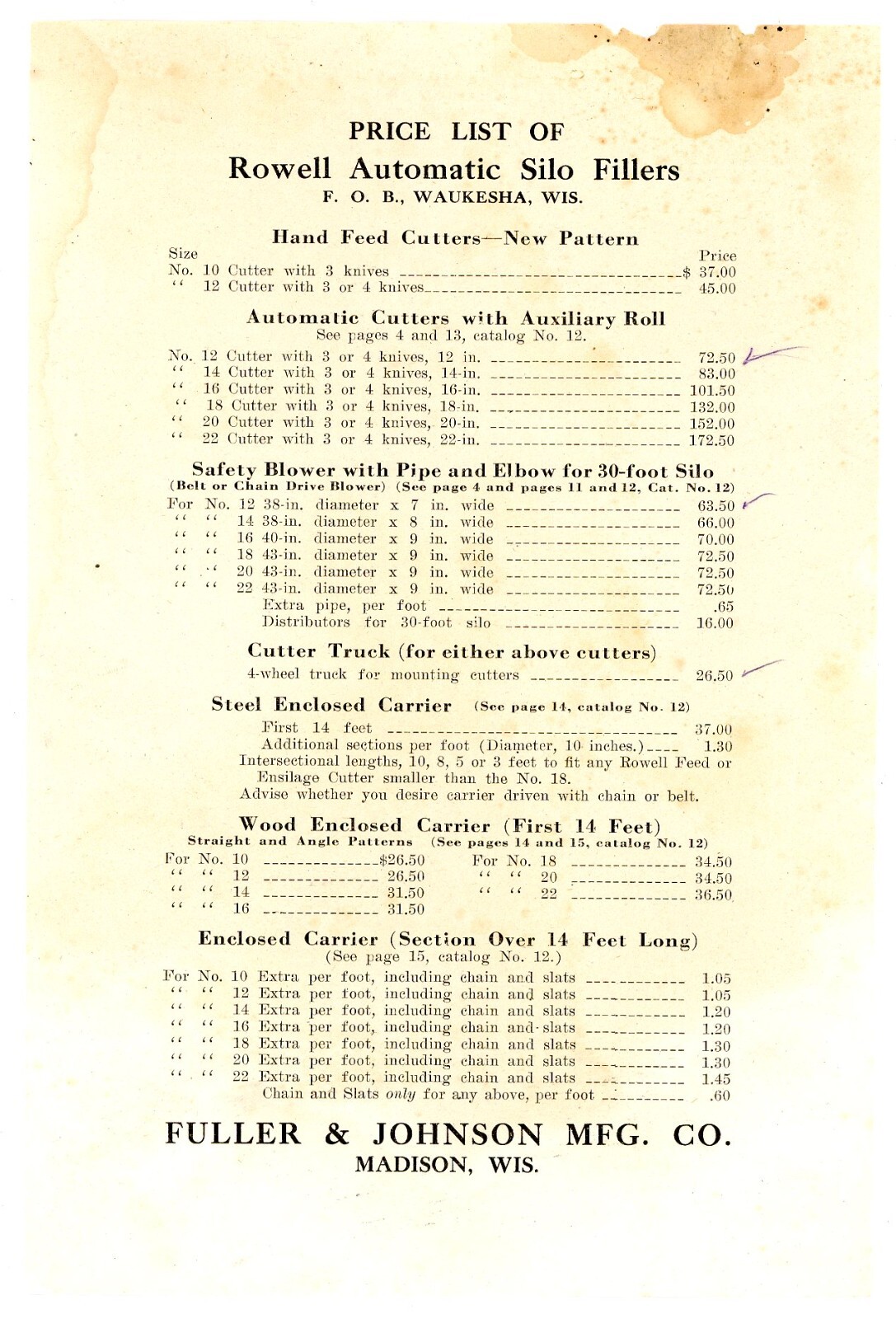 Rowell Line Silo Fillers I B Rowell Co Waukesha Wisconsin brochure & price list
