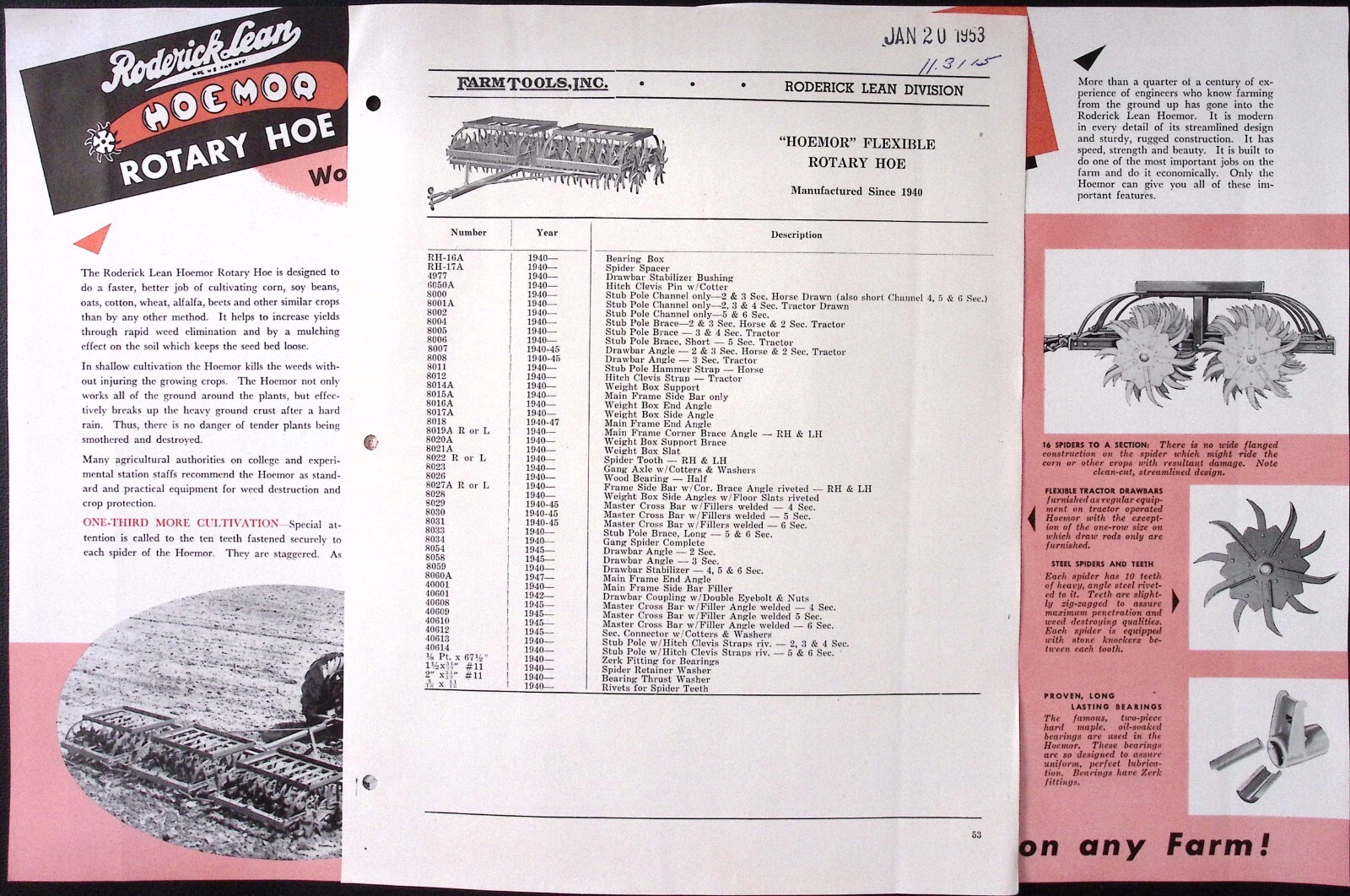 1954 Roderick Lean Hoemor Tractor Rotary Hoe Brochure Farm Tools Inc Mansfield