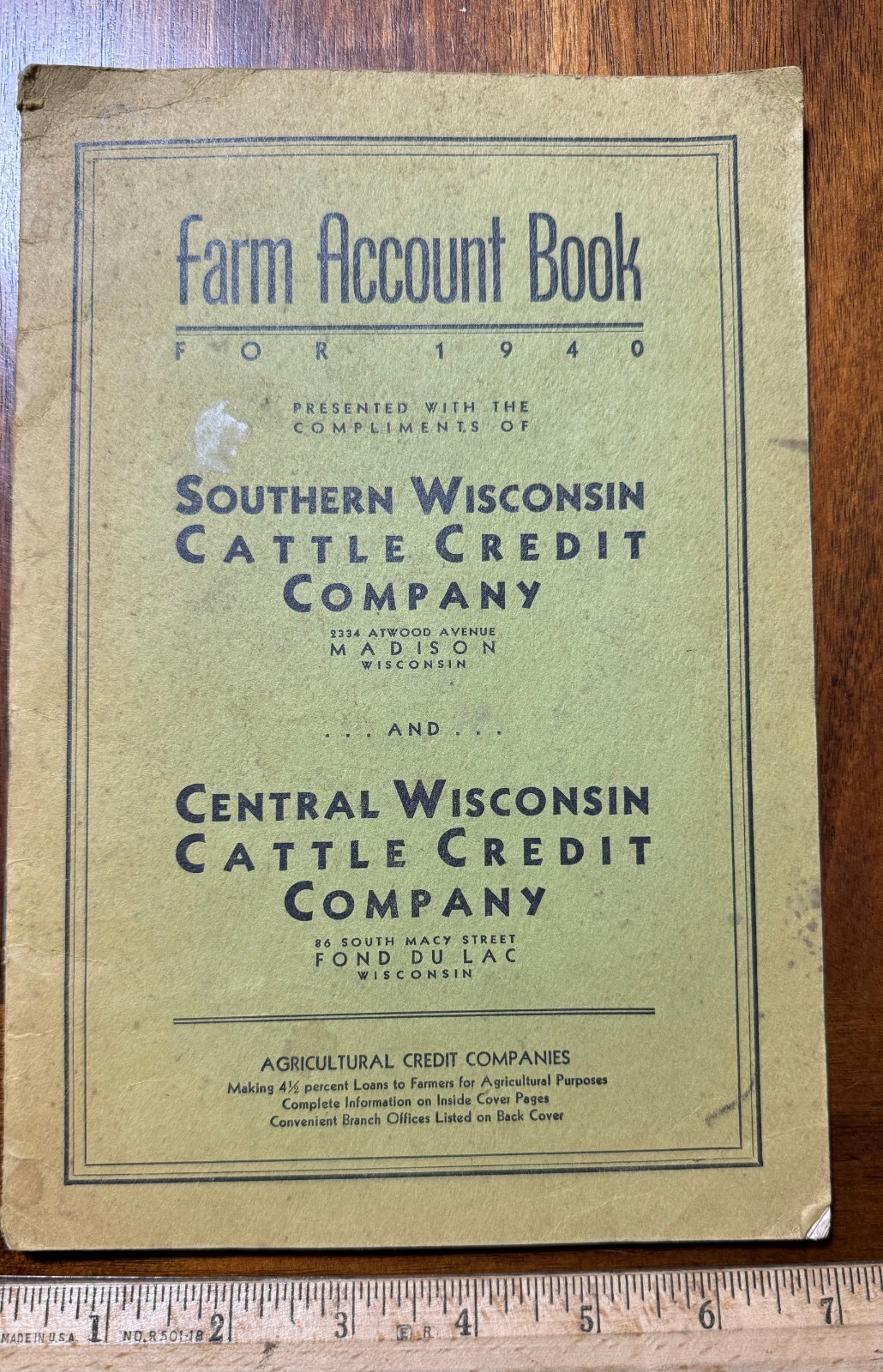 Vintage Farm Account Booklet Southern WI Cattle Credit Co Madison WI 1940