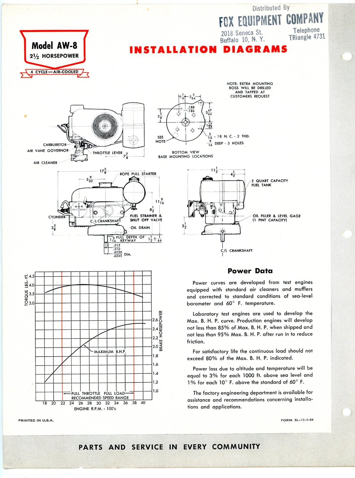 Continental Red Seal Air Cooled 2&1/2 HP Engine model AW-8 1954 sales brochure
