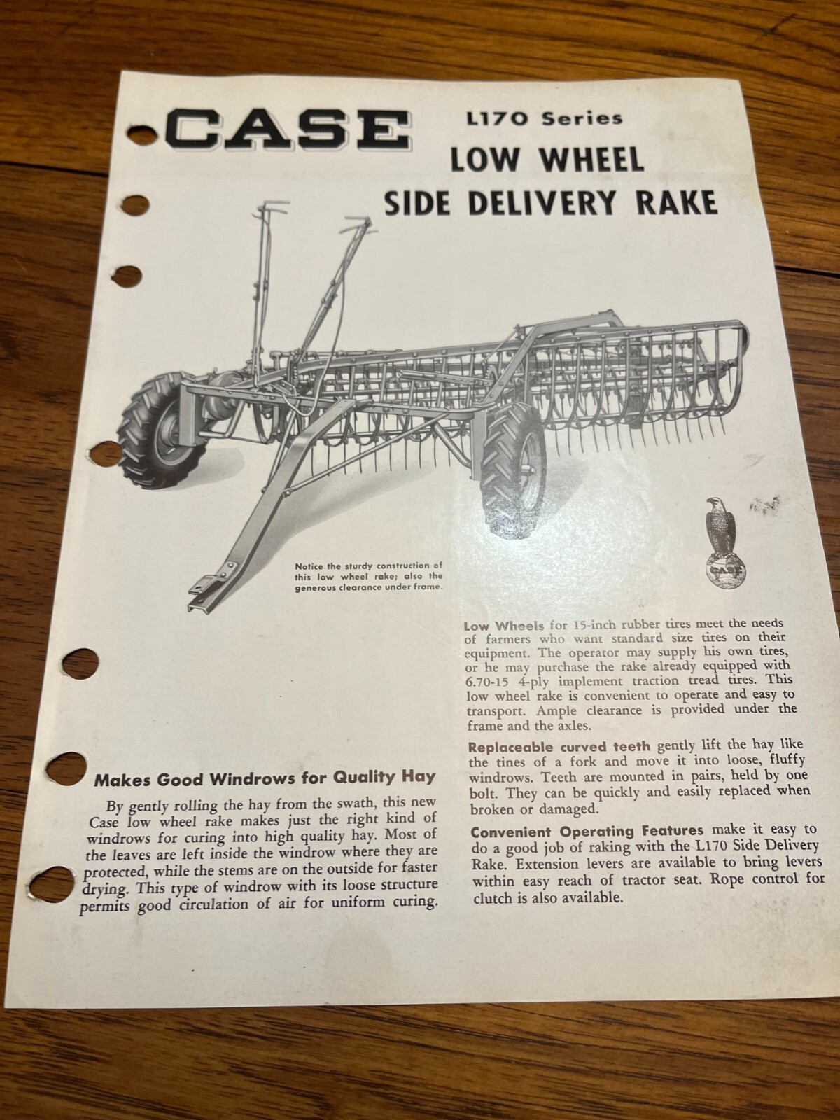 Case Tractor L170 Lower Wheel Side Delivery Rake For 1952 Brochure FCCA