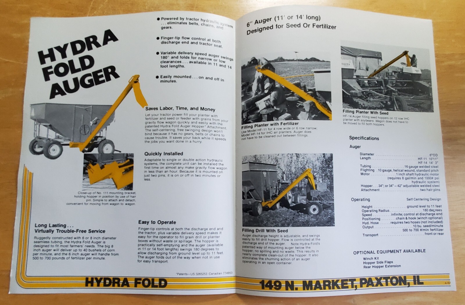 Hydra Fold Auger Sales Brochure Pamphlet Specifications 149 N Market Paxton IL