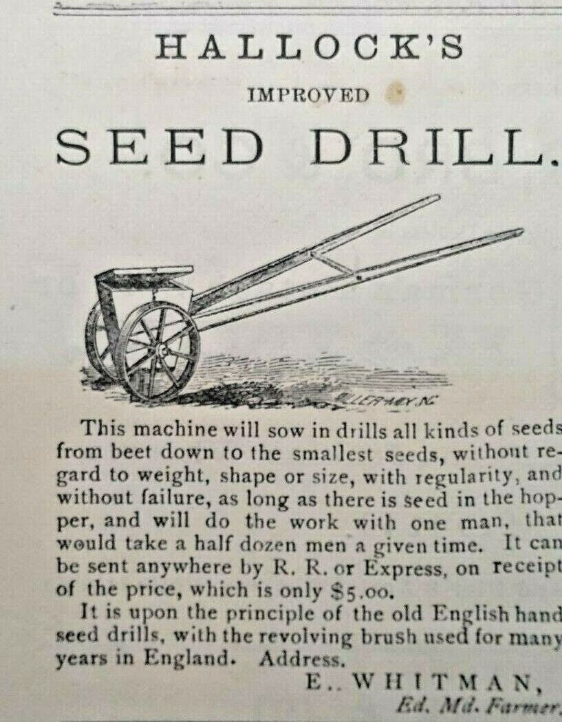1881 Hallock&rsquo;s Improved Seed Drill Antique Farming Equipment Art Vtg Print Ad