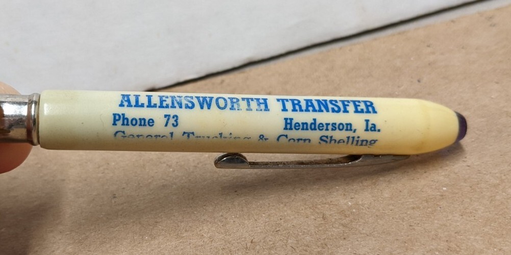 Vintage Allensworth Transfer Phn 73 Henderson IA Bullet Pencil Corn Shelling