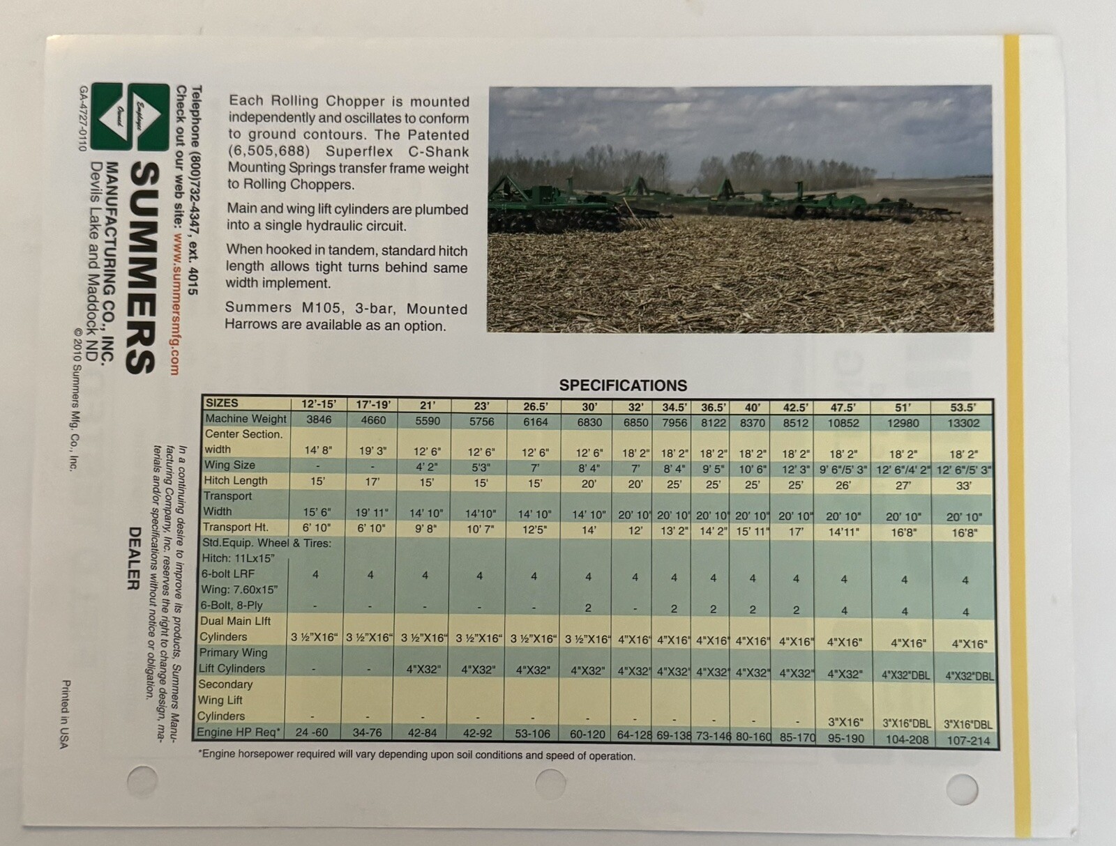 Summers Hydraulic Fold Rolling Chopper 2010 Sales Brochure Agriculture Farm Tool