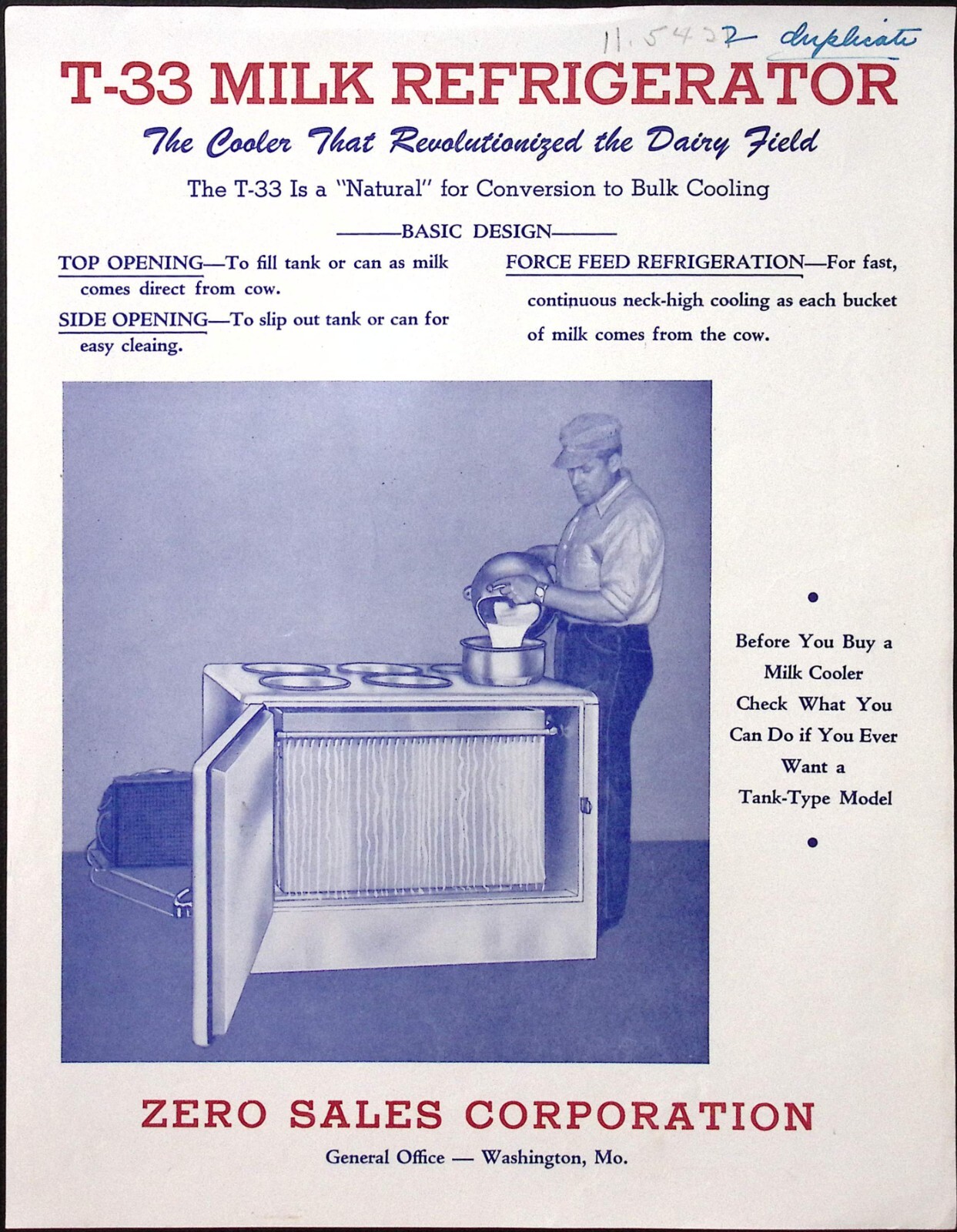 1954 T-33 Milk Refrigerator Milk Cooler Brochure Zero Sales Corp Washington MO