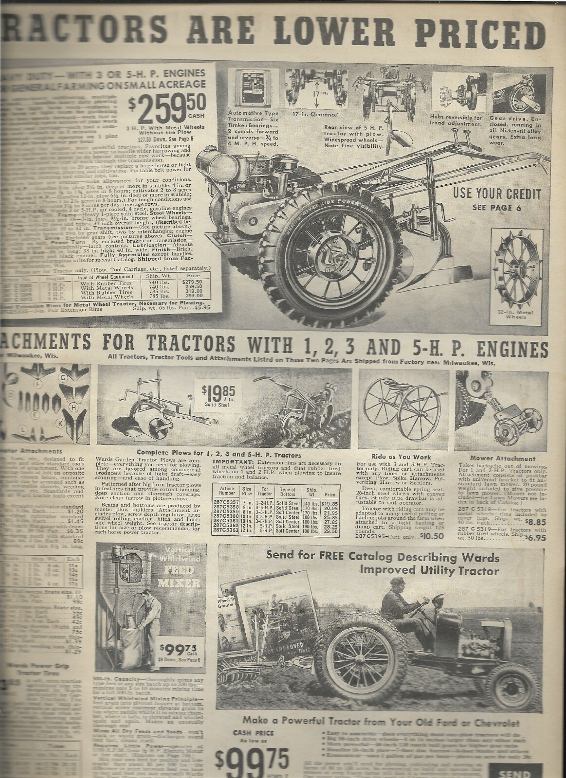 1938 Wards Catalog Ad Page Farm Tractor 3 & 5 H.P. Engine Plow Mower Disc Ford