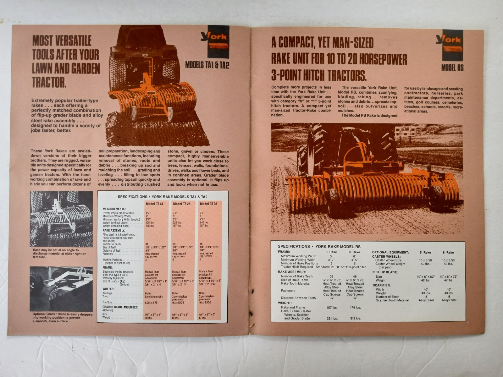 YORK RAKES Sales Brochure Models PRO RE RS TA1 TA2 RW Catalog 1970&rsquo;s