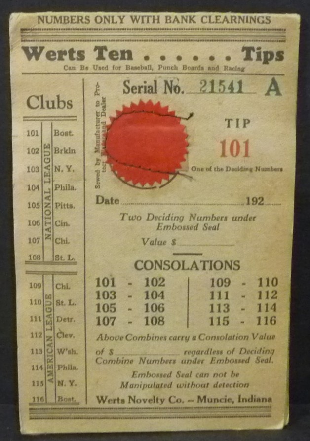 Nice 1930&rsquo;s « Werts Ten » Baseball Gaming Pull Tabs Booklet 120 Tabs Complete