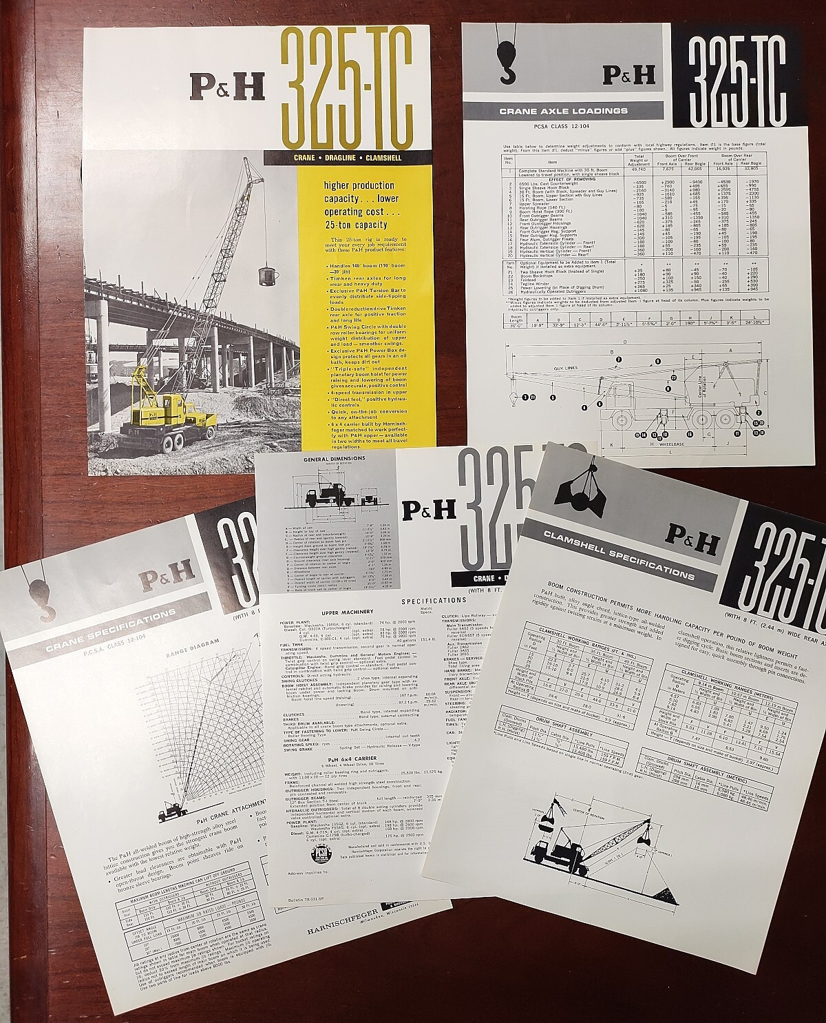 Vintage P&H Harnischfeger 325-TC Crane Fold-out Brochure + 4 Spec Sheets 1960s?