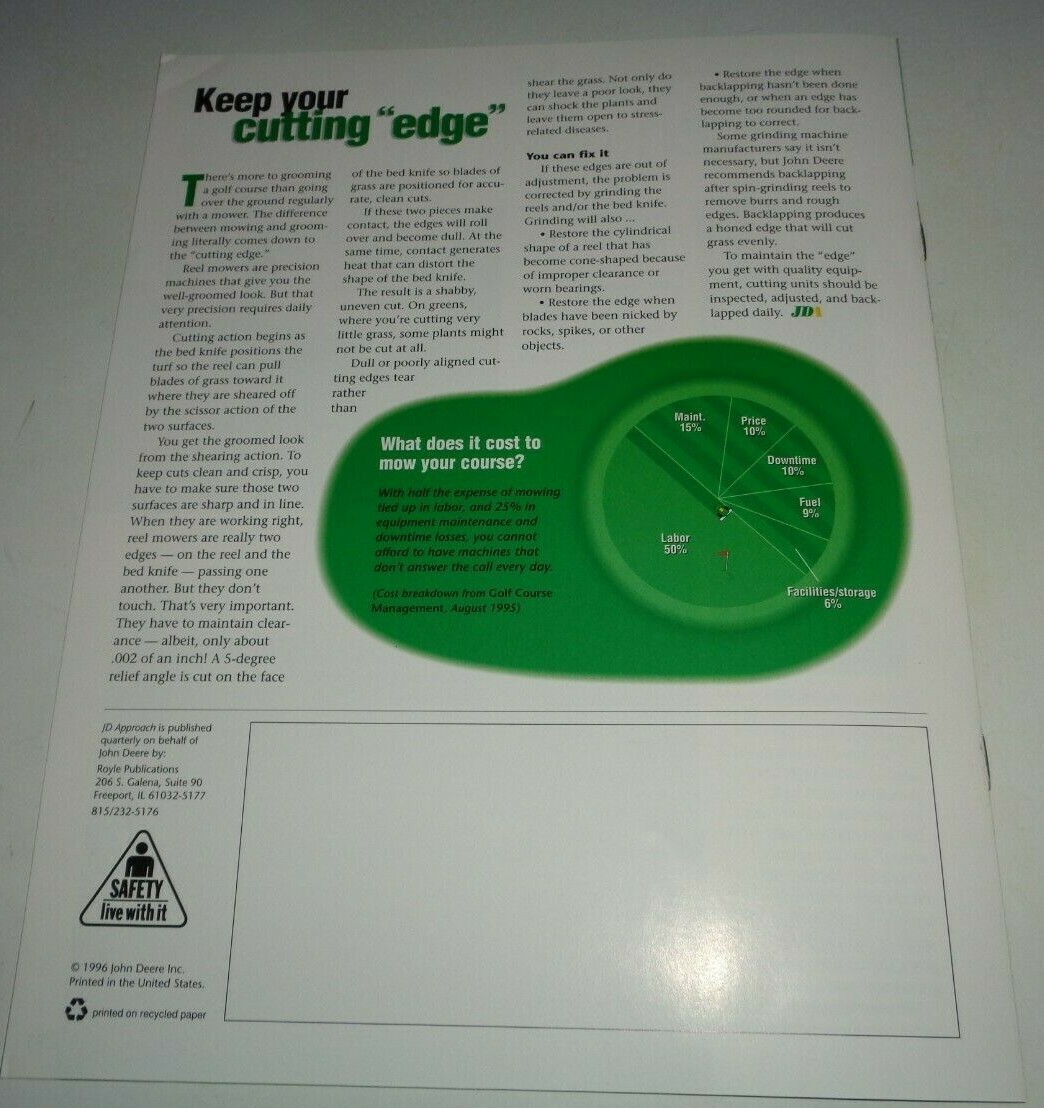 John Deere « JD Approach » Golf Course Equipment Sales Magazine Brochure JD 6/96