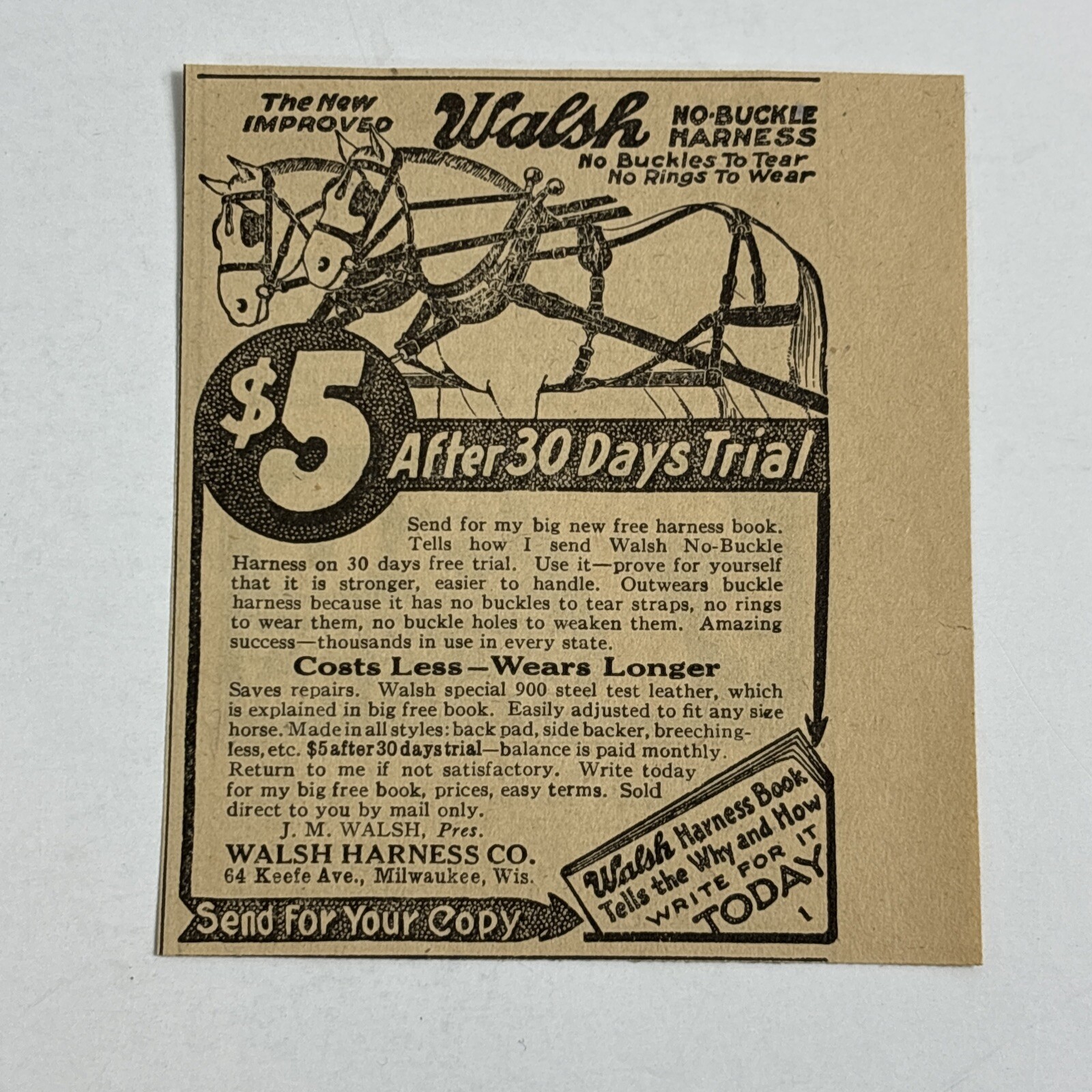 1924 Walsh Harness Company 64 Keefe Ave Milwaukee Wisconsin work horse Print Ad