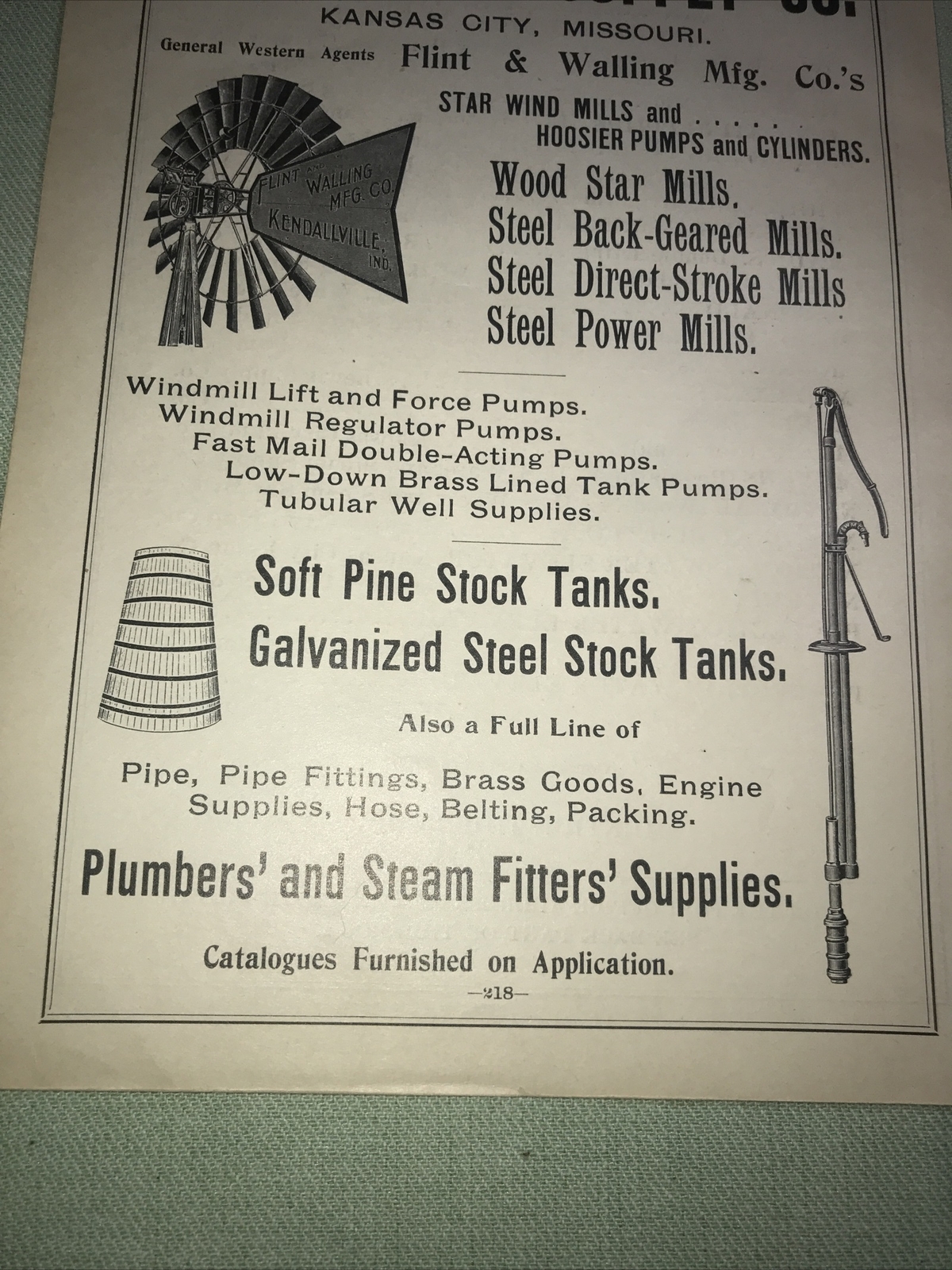 1898 Flint Walling Windmill Farm Advertising – Kendallville Indiana Kansas City
