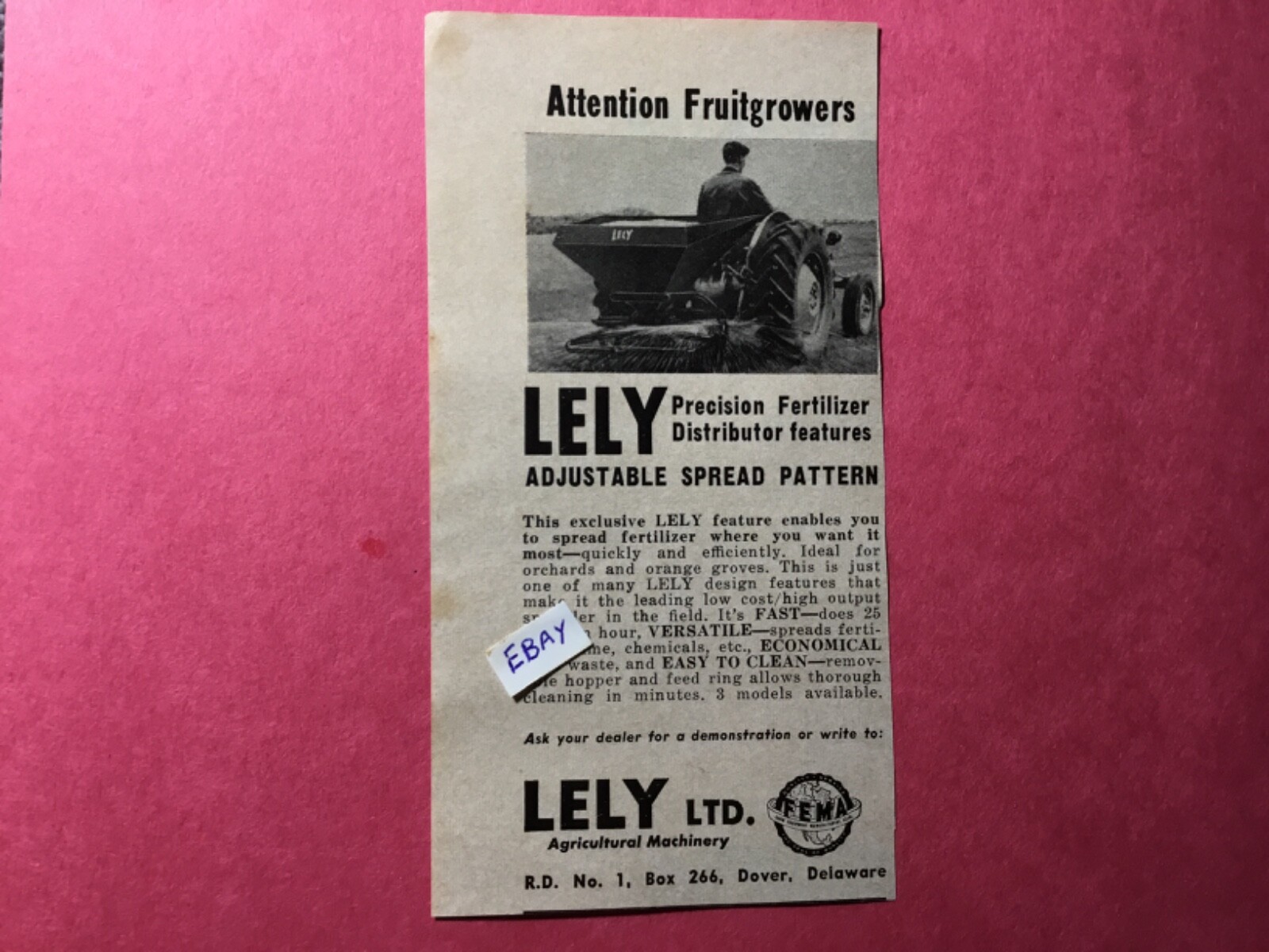 1962 Ad. Lely Precision Fertilizer Spreader. Lely Ltd. Dover Deleware