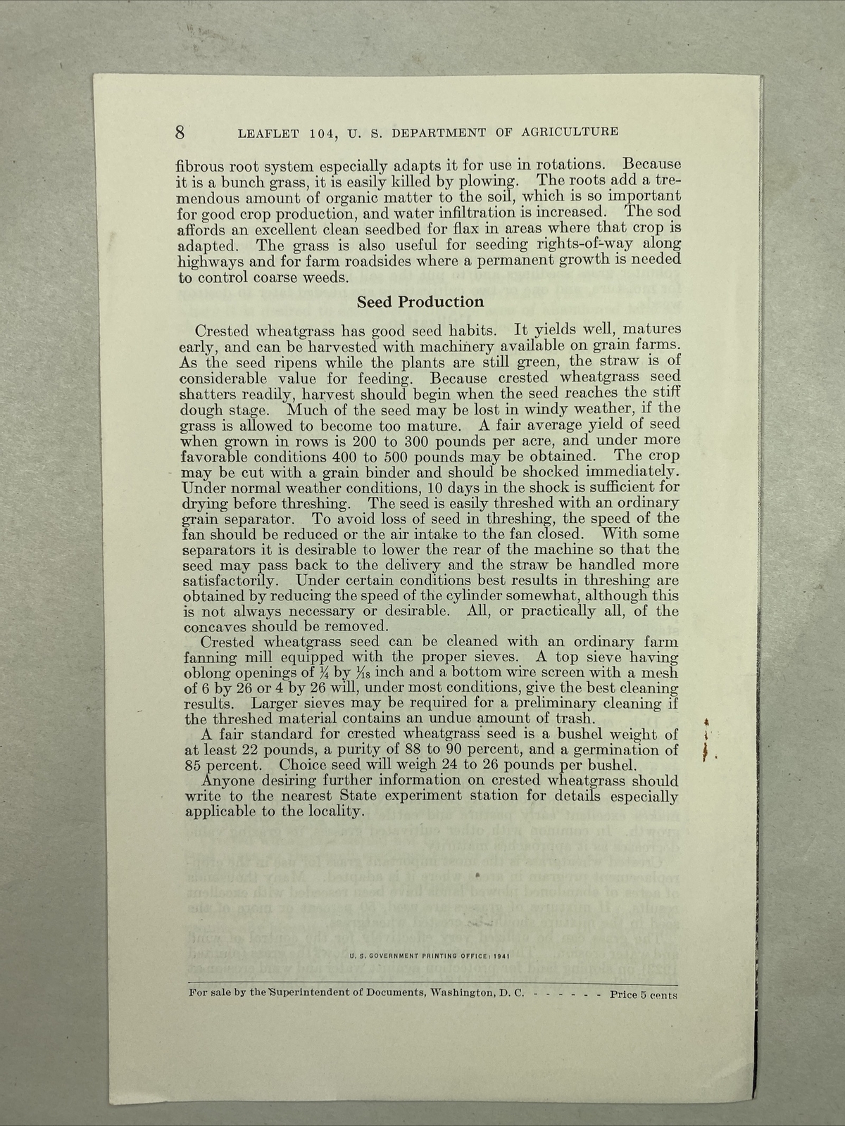 1941 USDA Farmers&rsquo; Bulletin No. 104 Crested wheat grass
