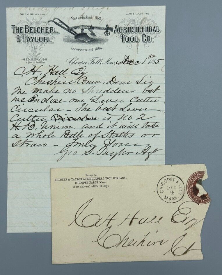 1885 BELCHER TAYLOR Agricultural FARM POSTAL COVER Advertising CHICOPEE FALLS MA