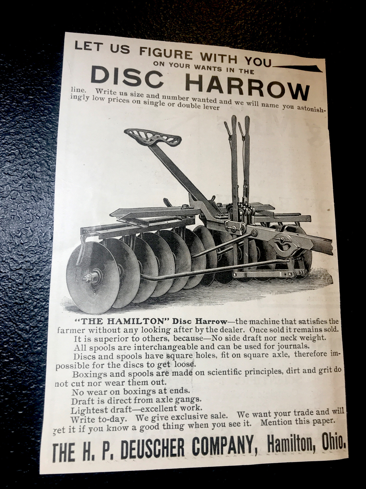 ORIGINAL 1900 Deuscher Disc Harrow Farm Advertising – Hamilton – Ohio