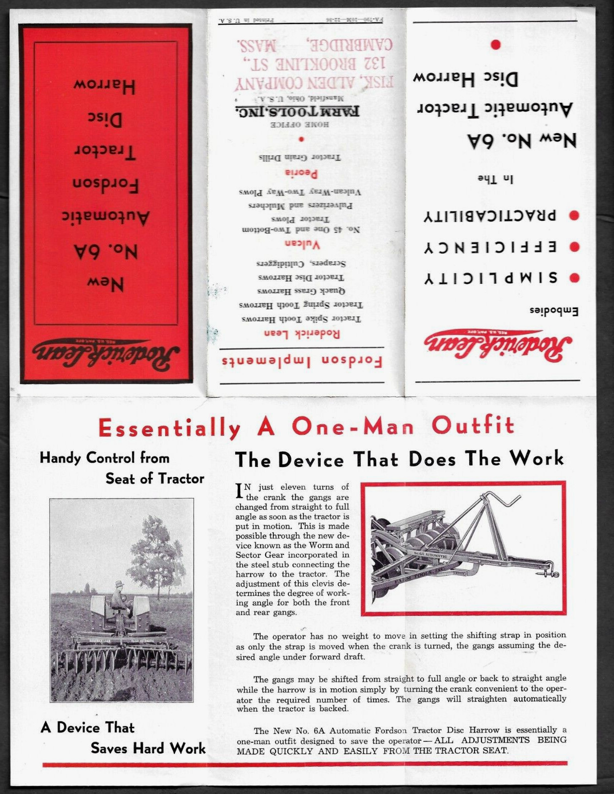 1936 brochure for the Automatic Fordson Tractor Disc Harrow ~ Mansfield, Ohio