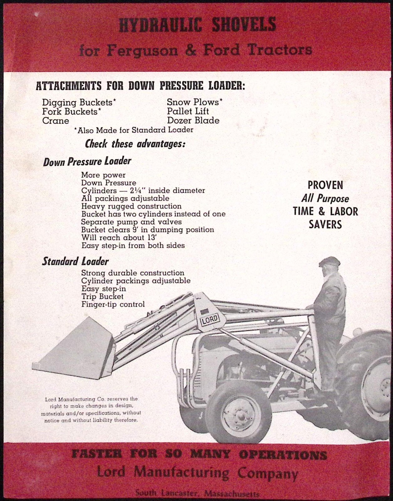1954 Lord Mfg Co Hydraulic Shovels for Ferguson & Ford Tractors Dealer Brochure