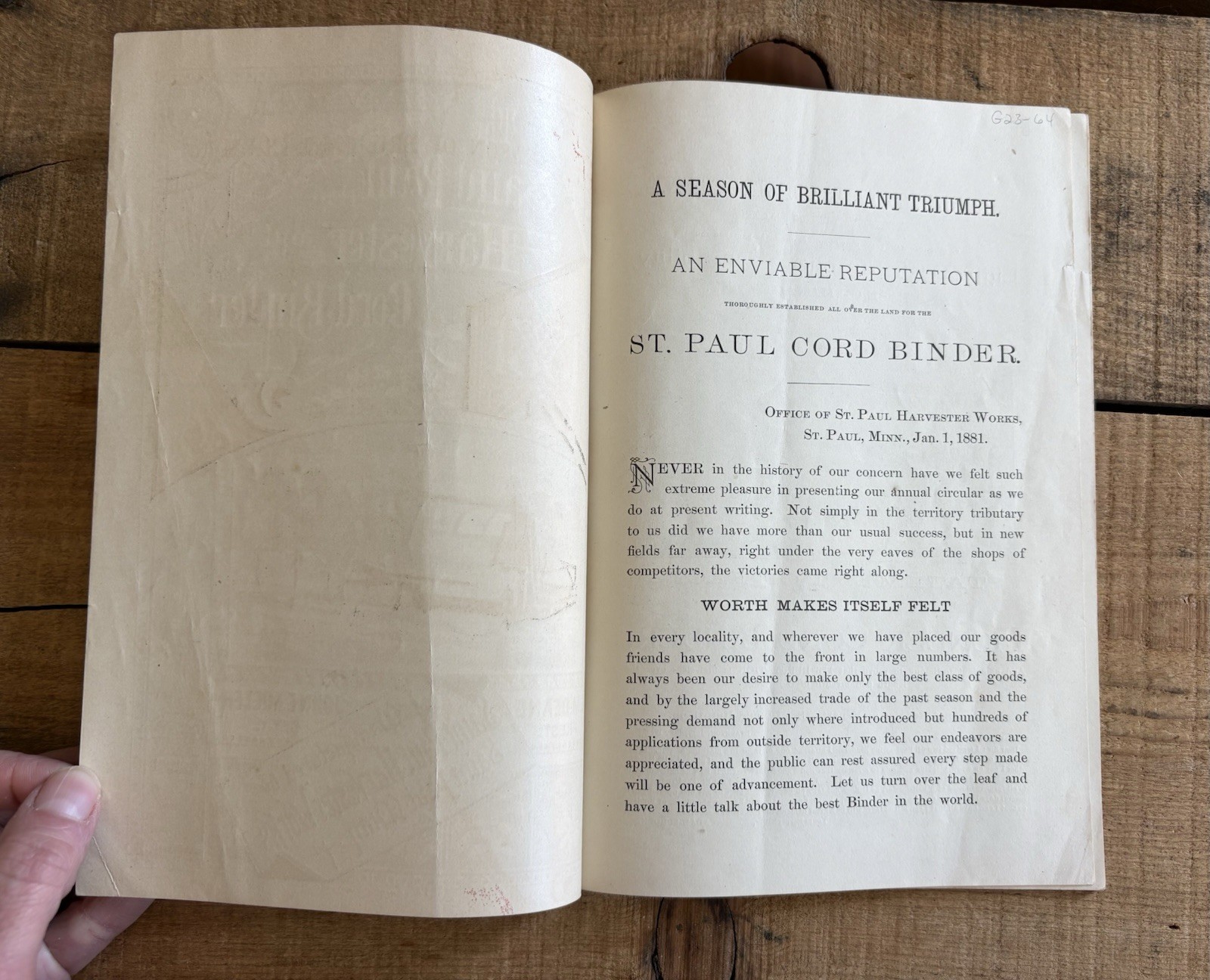 Amazing Seldom Seen Antique 1881 The Saint Paul Harvester Farm Machine Brochure