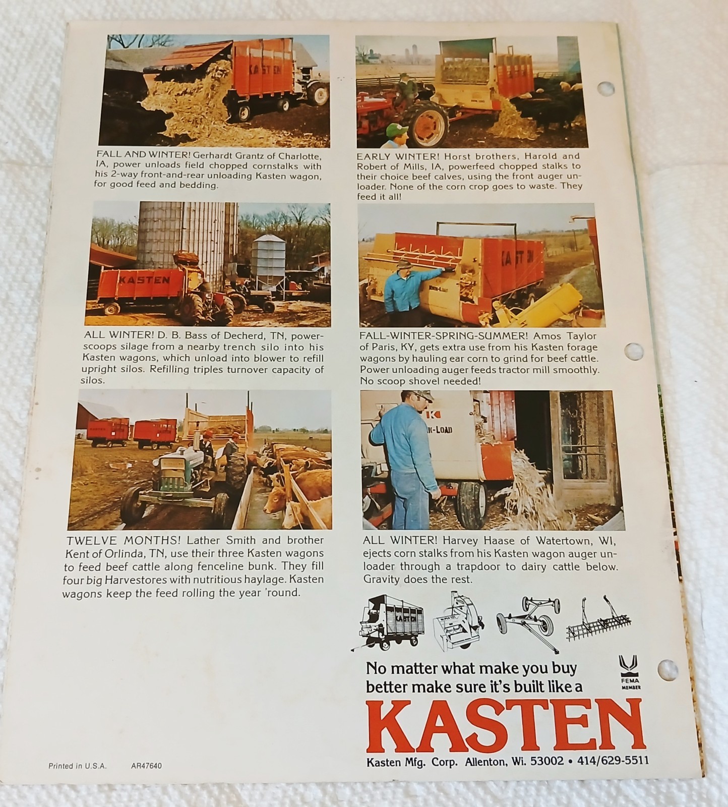 Kasten Self Unloading Forage Boxes 6 Page Folding Brochure Sales Literature