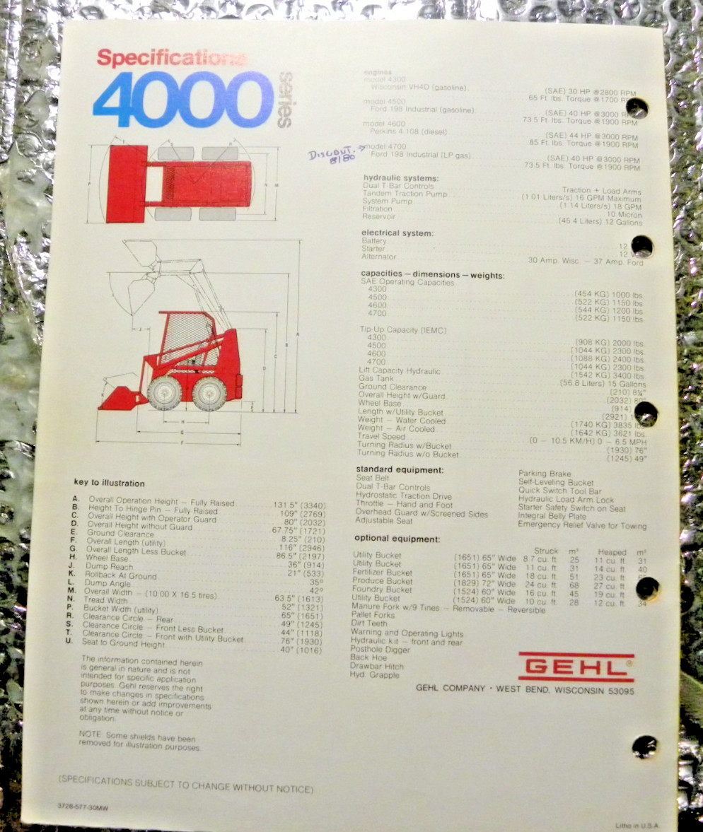 Vintage Factory GEHL Dealer&rsquo;s Brochure Hydrostatic Skid Steer Loader 4000 Serie