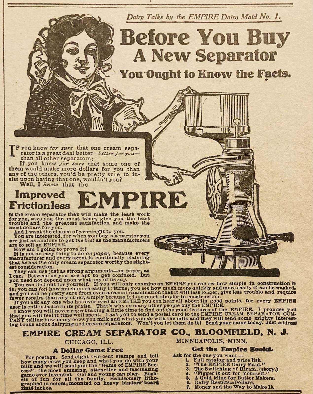 1906 AD.(XH82)~EMPIRE CREAM SEPARATOR CO. BLOOMFIELD, NJ.