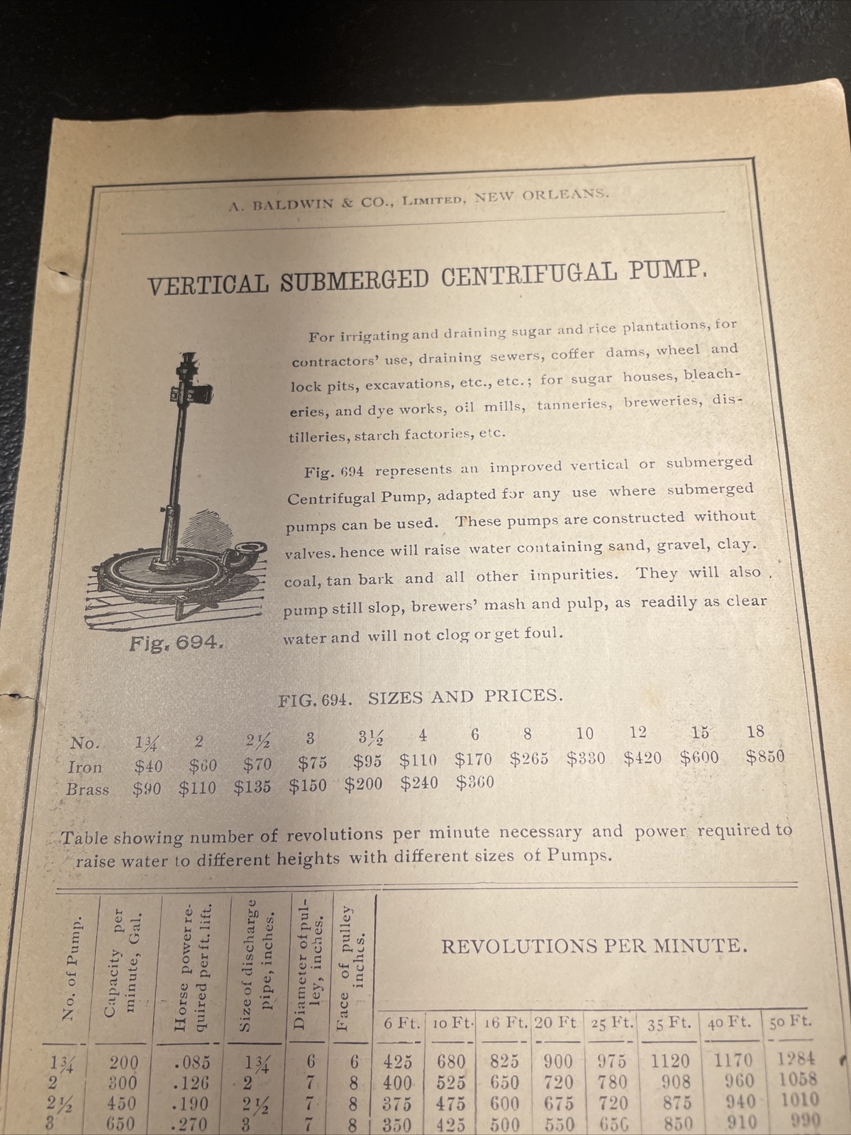1891 Baldwin – Vertical Submerged Pump – Farm Advertising – New Orleans
