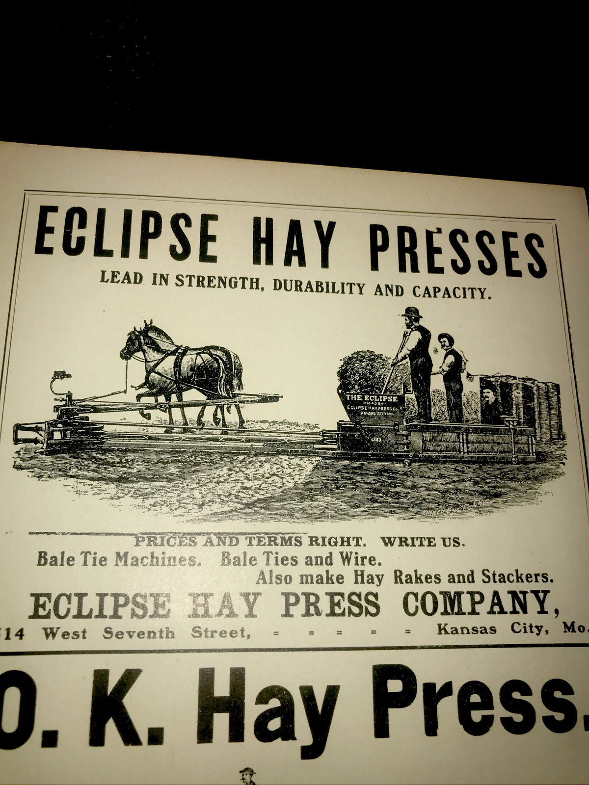 1905 Eclipse – O.K. – Admiral Hay Press Farm Advertising – Kansas City Missouri