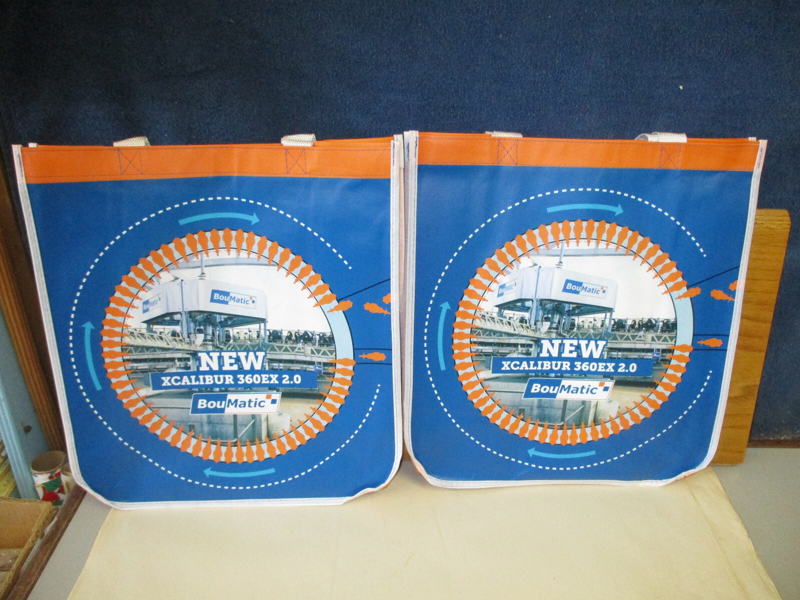 2 BOUMATIC DAIRY Shopping Bag Lot 13.5&Prime;x13.75&Prime; (Orange/Blue) XCALIBUR 360EX 2.0