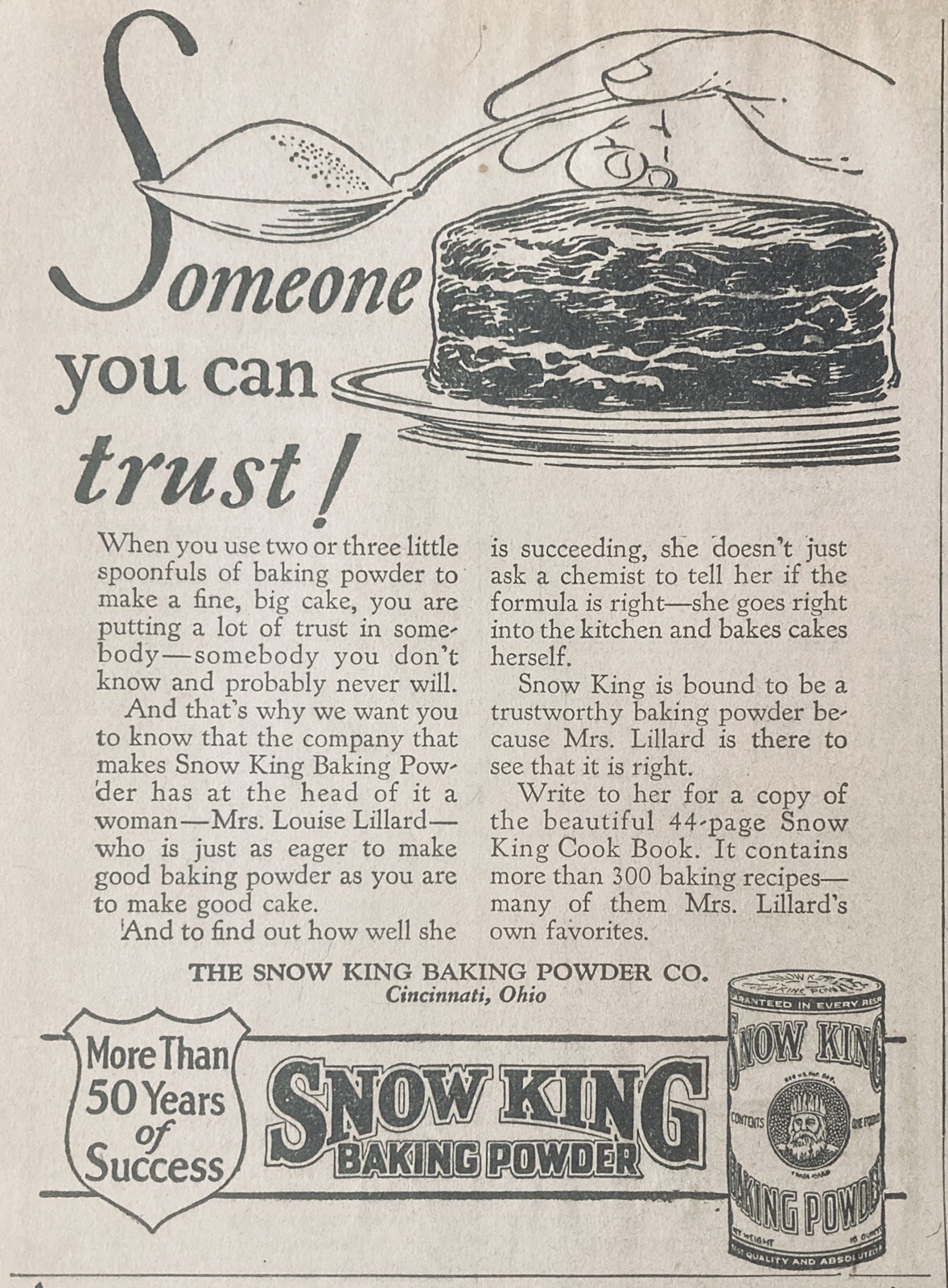 1924 AD.(XG7)~SNOW KING BAKING POWDER CO. CINCINNATI, OHIO. BAKING POWDER