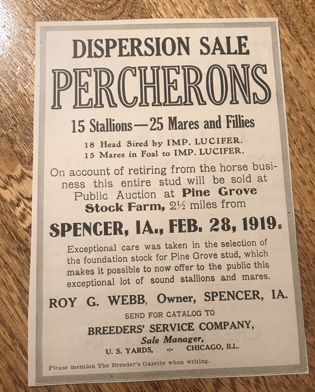1919 Horse Public Sale – Spencer – Iowa – Farm Advertising