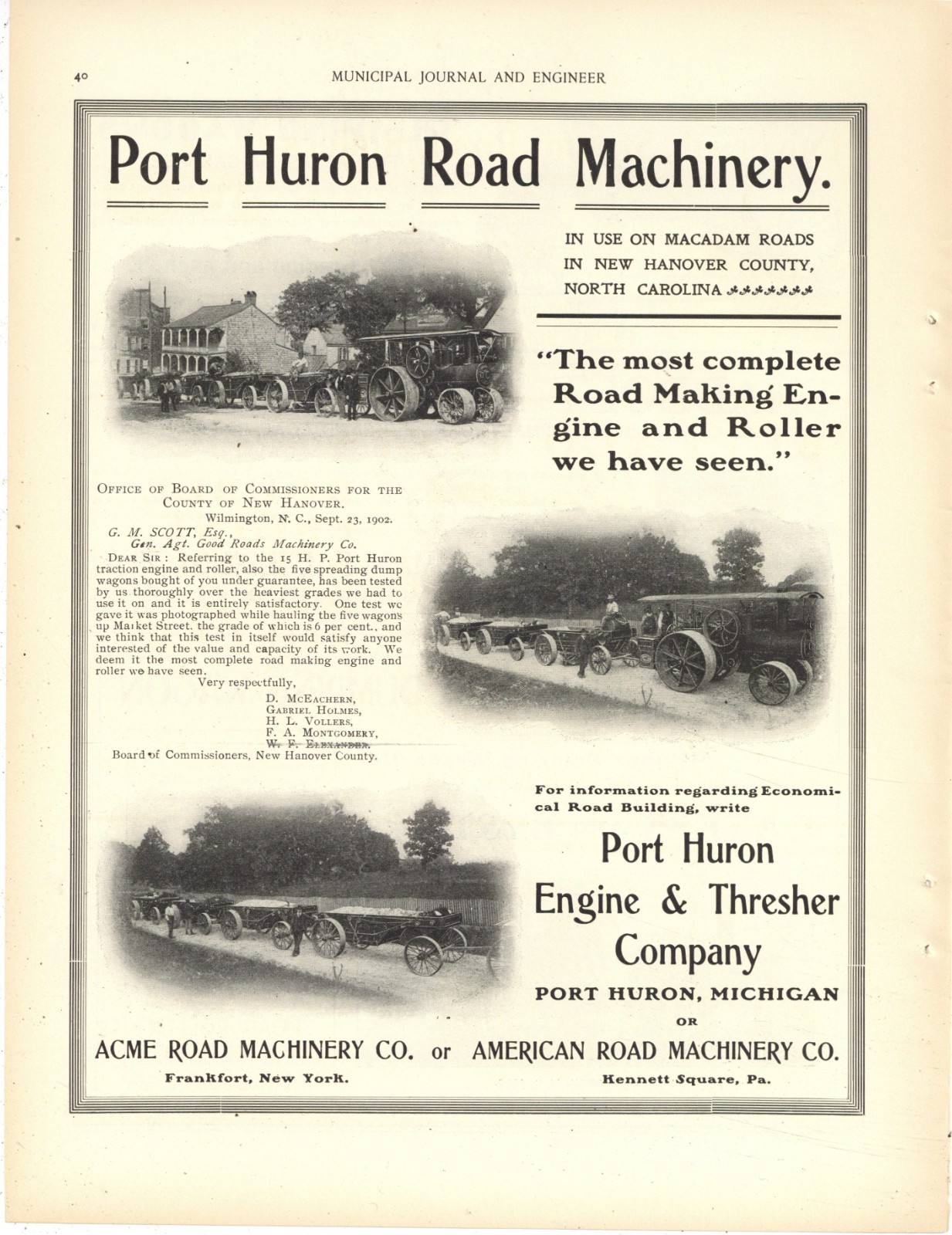 1903 Ads F&B of PG Port Huron Engine & Thresher Co in Wilmington North Carolina