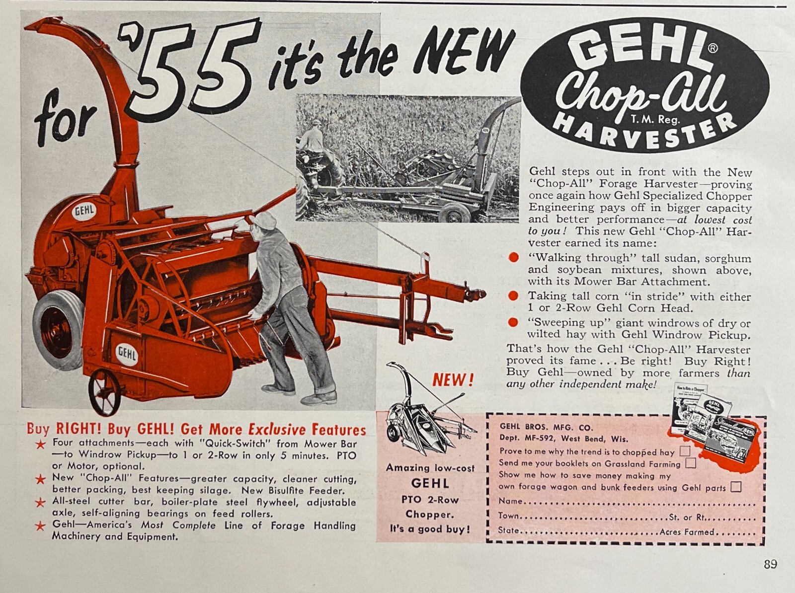 1955 GEHL Pull Type Forage Harvester -Original Print Advertisement (9.5in x 7in)