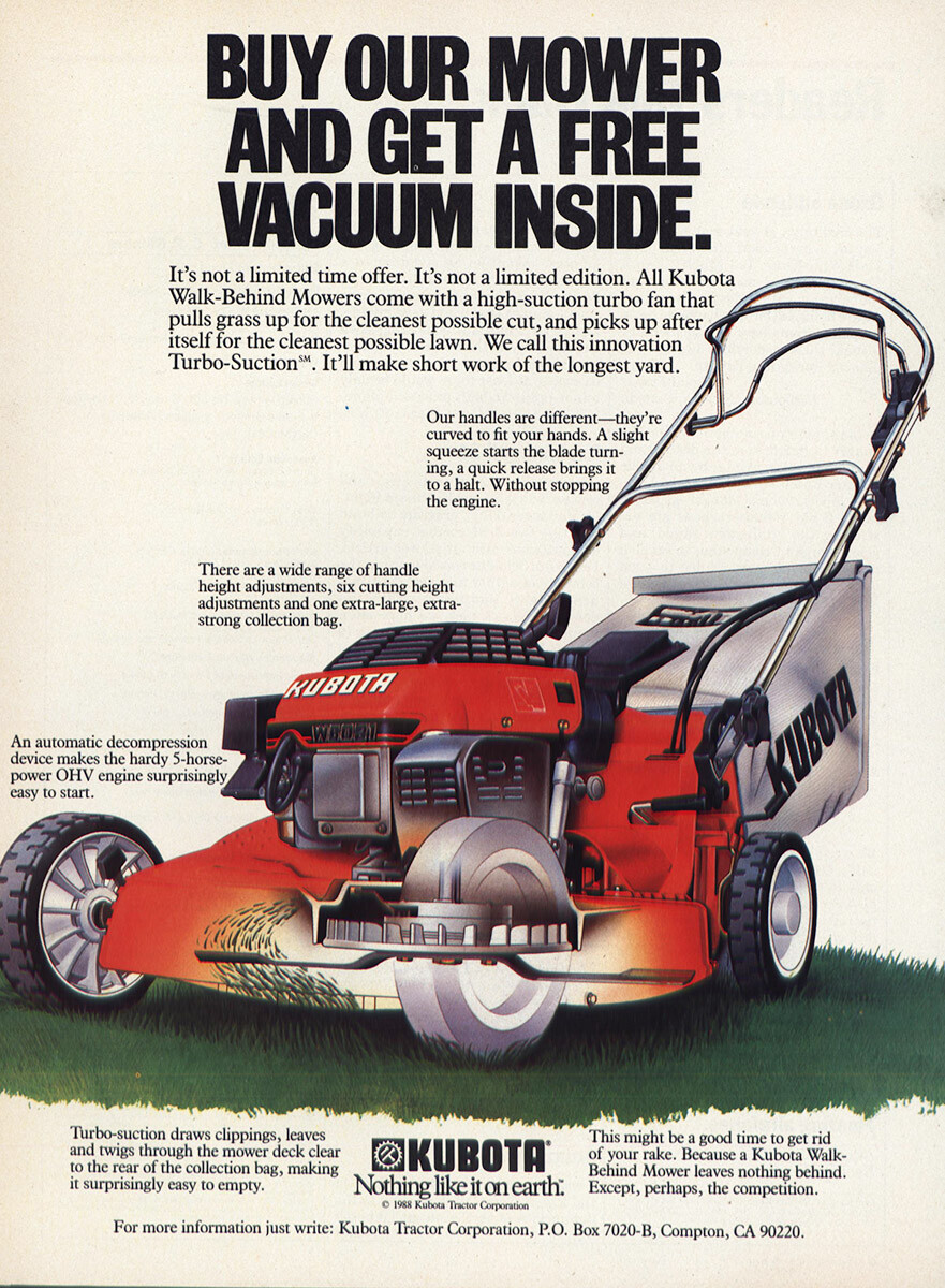 1989 Kubota Mower: Vacuum Inside Vintage Print Ad