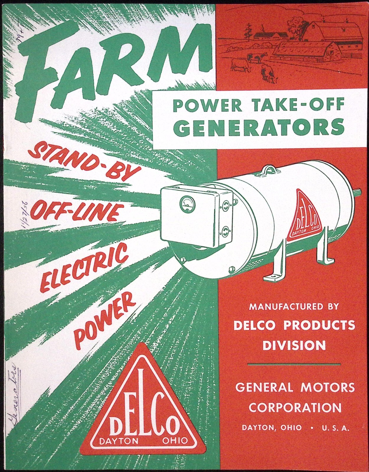 1956 Farm Power Take Off Generators DELCO General Motors Corp Dayton OH
