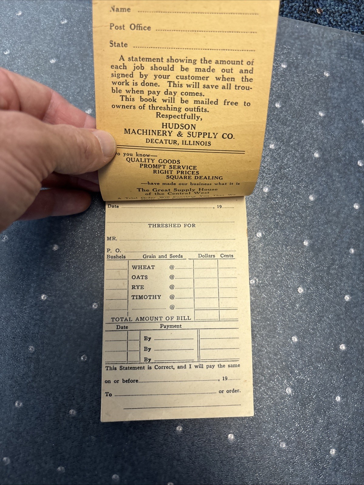 Thresherman’s Account Book Rhino Belts Hudson Mchy. & Supply Decatur, Ill