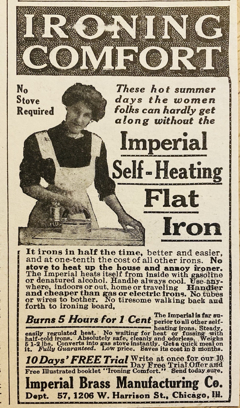 1912 AD.(XH87)~IMPERIAL BRASS MFG. CO. CHICAGO. IMPERIAL SELF-HEATING FLAT IRON
