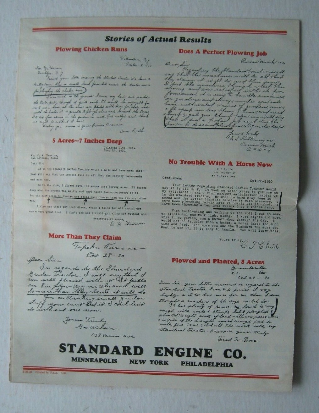 Three 1930&rsquo;s Standard Engine Company, Standard Garden Tractor Farming Brochures