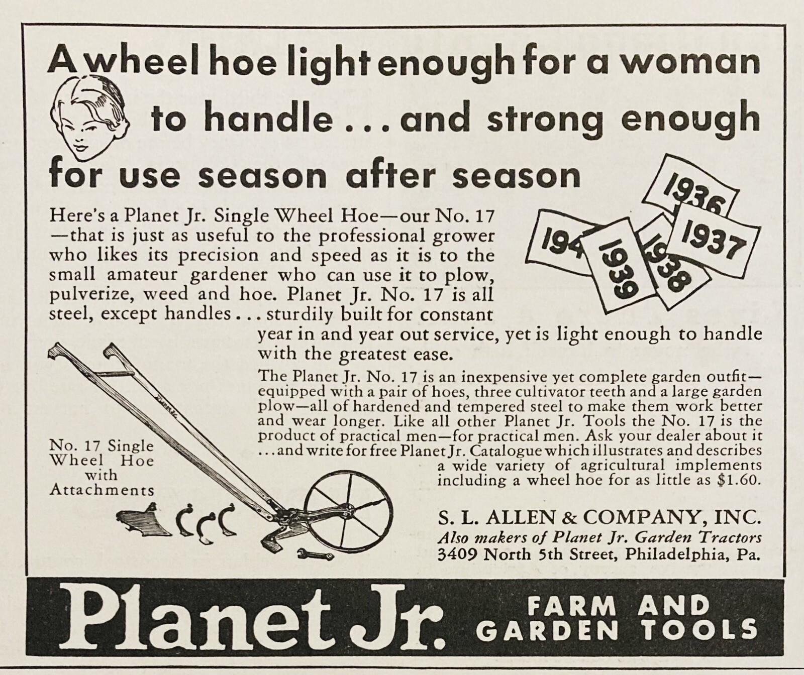 1937 AD.(XH75)~S.L. ALLEN CO. PHIL., PA. PLANET JR. NO.17 SINGLE WHEEL HOE