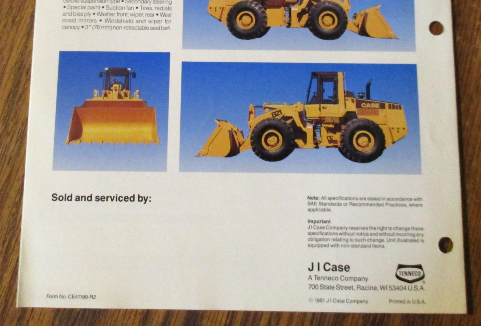 Case 821 Wheel Loader Sales Brochure Literature Ad CE41189-R2 Dated 1991