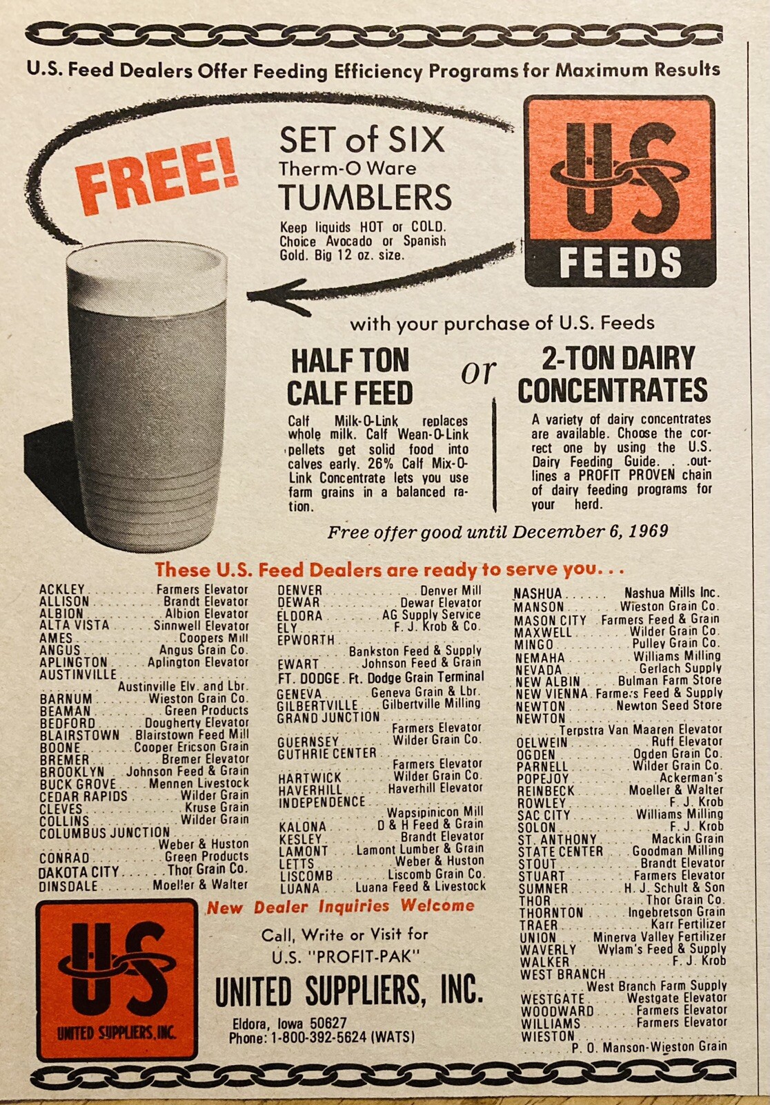 1969 AD.(XH79)~UNITED SUPPLIERS CO. ELDORA, IOWA. CATTLE FEED DEALERS