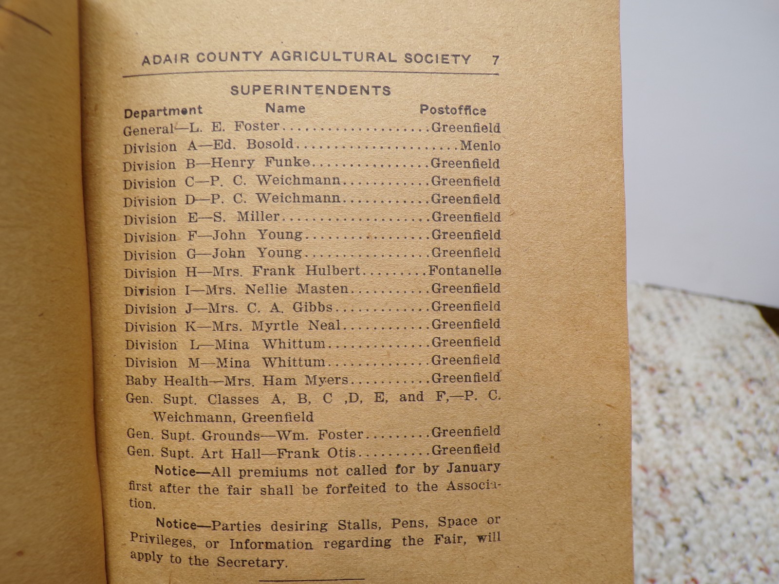 1920 Adair County Ag Society Premium List Book Greenfield Iowa FAMILY INSIDE?