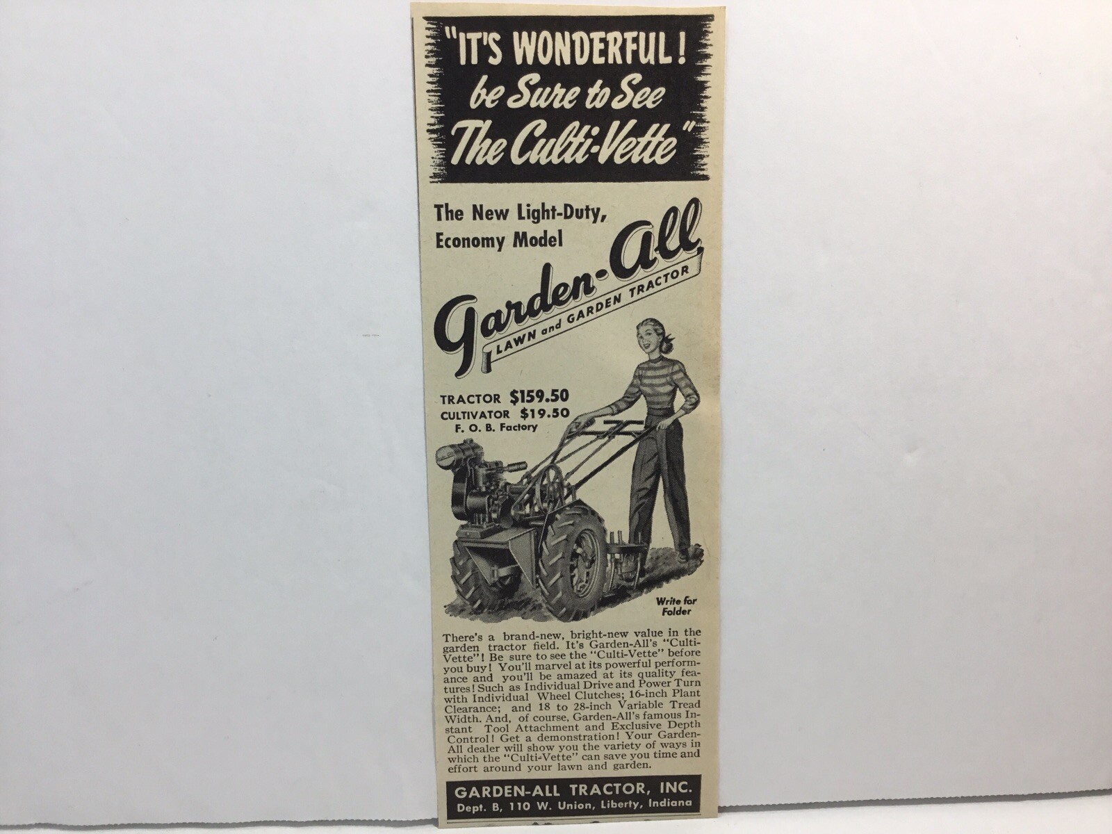 1949 Garden-All Lawn & Garden Tractors, Liberty, IN. Print Ad