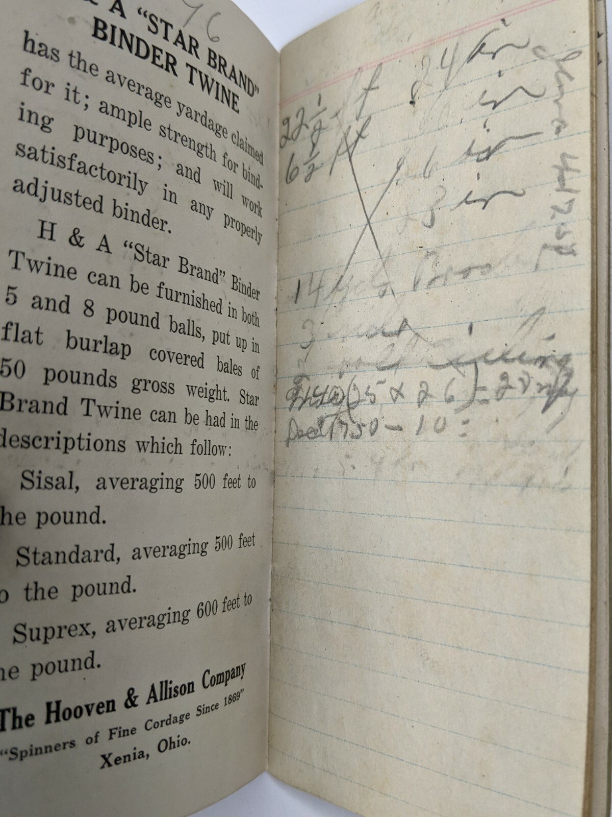 1938 Hooven & Allison Co Xenia Ohio Rope Twine Adv Pocket Ledger Notebook Diary