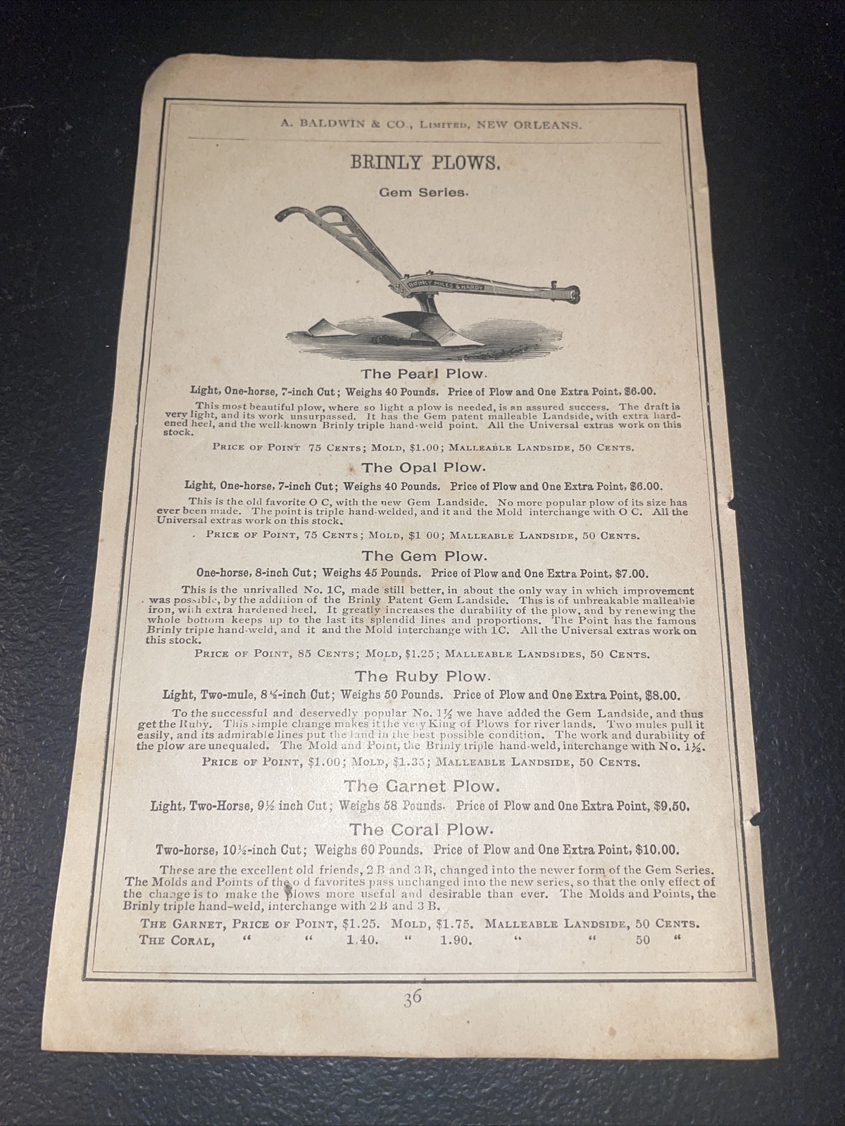 1891 Baldwin – Brinly Plow Farm Advertising – New Orleans – Louisiana