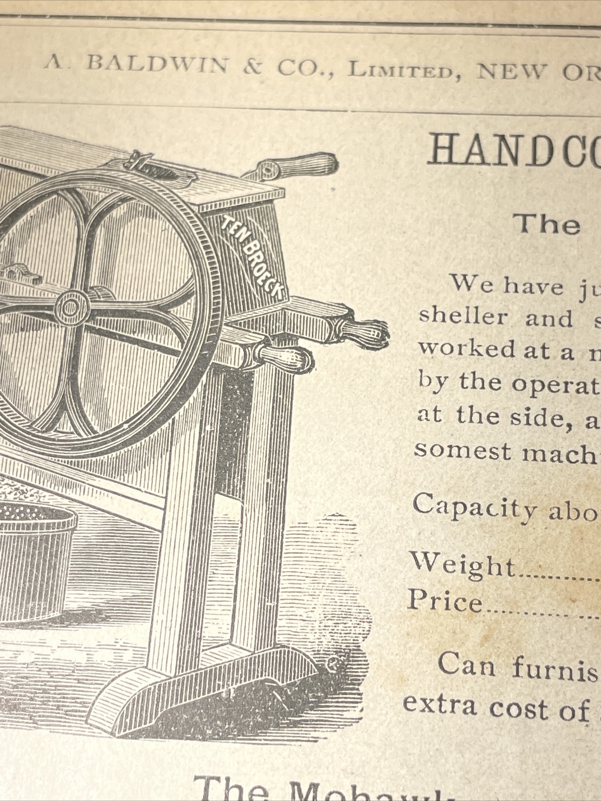 1891 Baldwin – Mohawk Corn Sheller (St. Louis) – Farm Advertising – New Orleans