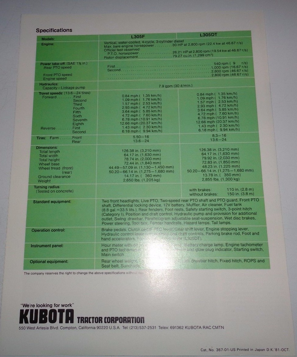 *Kubota L305F L305DT L305 Tractor Sales Brochure literature advertising ad