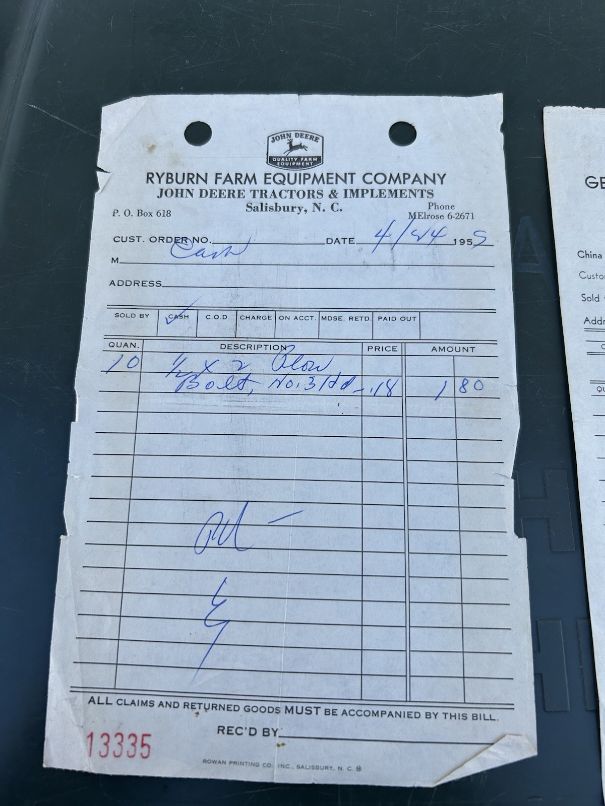 Vintage Invoices (2) Salisbury,NC China Grove, NC Farm Equipment 1950s